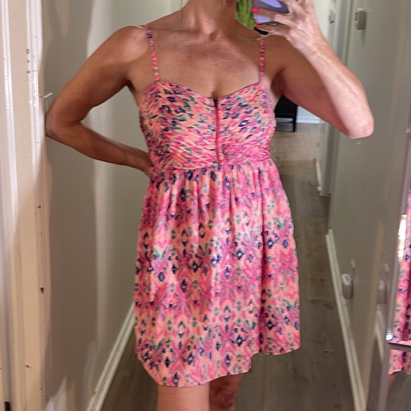 Roxy Neon Pink & multi colored patterned dress w front zip & spaghetti straps - Picture 8 of 12